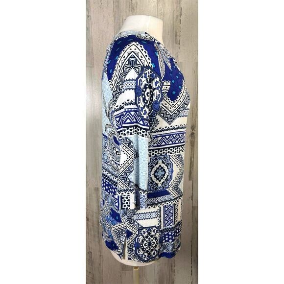 Chico’s Blue Paisley Tunic Top Size 1 M Boho Patchwork 3/4‎ Sleeve Travelers - Picture 7 of 9